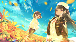Rule 34 | 2girls, :d, beret, blue sky, blush, brown eyes, brown hair, brown jacket, brown shorts, closed mouth, cloud, cloudy sky, commentary request, day, dress, dutch angle, field, floating hair, flower, flower field, hat, highres, hood, hood down, hooded jacket, ikari (aor3507), jacket, long hair, long sleeves, multiple girls, neck ribbon, open clothes, open jacket, open mouth, original, outdoors, petals, red ribbon, ribbon, shorts, sky, smile, standing, very long hair, white dress, white headwear, wind, yellow flower