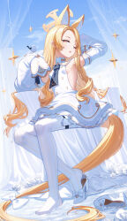 Rule 34 | 1girl, absurdly long hair, absurdres, animal ear fluff, animal ears, arm behind head, arm up, armpits, bird, bird on hand, blonde hair, blue archive, blush, breasts, commentary, dango remi, detached sleeves, dress, flower, fox ears, full body, hair flower, hair ornament, halo, hand up, highres, long hair, looking at viewer, one eye closed, open mouth, pantyhose, seia (blue archive), shoes, sideboob, single shoe, sitting, sleeve bow, sleeveless, sleeveless dress, sleeves past fingers, sleeves past wrists, small breasts, solo, striped clothes, striped pantyhose, unworn shoes, vertical-striped clothes, vertical-striped pantyhose, very long hair, white dress, white pantyhose, yellow eyes, yellow halo