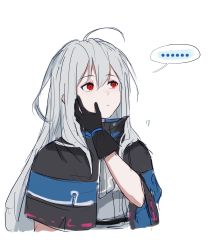Rule 34 | ..., 1girl, ^^^, ahoge, arknights, ascot, black capelet, capelet, cropped torso, grey ascot, grey hair, hand on own cheek, hand on own face, highres, long hair, looking away, looking to the side, red eyes, skadi (arknights), solo, speech bubble, spoken ellipsis, upper body, zuo daoxing