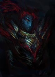 Rule 34 | 1girl, armor, blue skin, colored skin, dark background, hair over one eye, highres, looking at viewer, no crowns for kings, red hair, solo, undertale, undyne