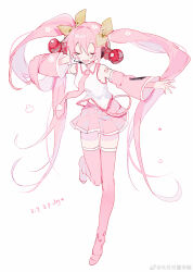 Rule 34 | 1girl, absurdres, bare shoulders, boots, bow, cherry blossoms, cherry hair ornament, chinese commentary, closed eyes, collared shirt, commentary request, dated, detached sleeves, eyelashes, flower, food-themed hair ornament, full body, hair bow, hair flower, hair ornament, hand on own ear, hatsune miku, heyue jinliang zao shui, highres, lace, lace-trimmed collar, lace-trimmed shirt, lace trim, leg up, long hair, long sleeves, midriff peek, miku day, miniskirt, necktie, number tattoo, open mouth, outstretched arm, pink footwear, pink hair, pink necktie, pink skirt, pink sleeves, pleated skirt, sakura miku, shirt, shoulder tattoo, simple background, skirt, sleeveless, sleeveless shirt, smile, solo, tattoo, thigh boots, twintails, two-sided sleeves, very long hair, vocaloid, watermark, weibo logo, weibo watermark, white background, white flower, white shirt, white sleeves, wide sleeves, yellow bow