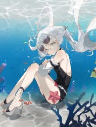 Rule 34 | 1girl, black one-piece swimsuit, clownfish, coral, detached sleeves, eyewear on head, fish, fishnet footwear, full body, grey eyes, grey hair, high heels, highres, kylin 47, long hair, looking at viewer, no.21: xxi (punishing: gray raven), no.21: xxi (solar frost) (punishing: gray raven), no.21 (punishing: gray raven), one-piece swimsuit, punishing: gray raven, starfish, sunglasses, swimsuit, twintails, underwater, white sleeves, yellow pupils