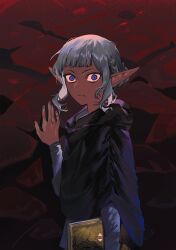 Rule 34 | 1boy, androgynous, black robe, book, dark-skinned male, dark skin, dungeon meshi, elf, expressionless, gapamopa, grey hair, hair bun, highres, holding, holding book, looking at viewer, male focus, pointy ears, purple eyes, red background, robe, short bangs, solo, thistle (dungeon meshi), upper body, wide-eyed