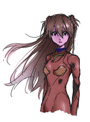 Rule 34 | 1girl, absurdres, artist request, bodysuit, breasts, brown hair, floating hair, hair between eyes, hair ornament, highres, long hair, looking at viewer, neon genesis evangelion, pilot suit, plugsuit, red bodysuit, shiny clothes, simple background, skin tight, solo, souryuu asuka langley, standing, two side up, very long hair, white background, wide hips