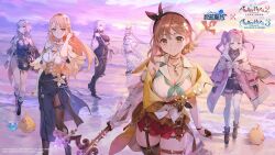 Rule 34 | 6+girls, animal, ankle boots, armor, armored boots, asymmetrical sleeves, atelier (series), atelier ryza, atelier ryza 2, atelier ryza 3, azur lane, bag, bare shoulders, belt, beret, bird, blonde hair, boots, braid, breasts, brown eyes, brown hair, buttons, cleavage, cloud, cloudy sky, coat, collarbone, company connection, copyright name, corset, crossed arms, dress, earrings, fingerless gloves, from side, full body, garter straps, gloves, gold trim, gradient sky, green eyes, hair ornament, hairband, hairclip, halterneck, hand up, hat, high heels, highres, holding, jewelry, kala ideas, key, key necklace, klaudia valentz, large breasts, lila decyrus, logo, long hair, long sleeves, looking at viewer, manjuu (azur lane), multiple girls, necklace, o-ring, ocean, off shoulder, official art, outdoors, pale skin, pantyhose, patricia abelheim, pink hair, puffy short sleeves, puffy sleeves, purple theme, reisalin stout, ribbon, serri glaus, shiny skin, shore, short dress, short hair, short shorts, short sleeves, shorts, side slit, simple background, skirt, sky, smile, staff, standing, thigh strap, tiara, twintails, water, yd (orange maru)