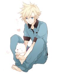Rule 34 | 1boy, :3, alternate costume, animal, animal on lap, barefoot, bisukorokoro, blonde hair, blue eyes, blue pants, blue shirt, closed eyes, cloud strife, crisis core final fantasy vii, earrings, expressionless, final fantasy, final fantasy vii, full body, heart, high collar, holding, holding animal, jewelry, knees up, looking down, male focus, moogle, on lap, pants, shirt, short hair, short sleeves, simple background, sitting, spiked hair, spoken heart, stud earrings, third-party source, translation request, uniform, white background