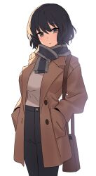 Rule 34 | 1girl, bad link, bag, black hair, blush, breasts, brown bag, brown coat, brown eyes, buttons, chorefuji, coat, commentary request, cowboy shot, grey scarf, hair between eyes, hands in pockets, highres, large breasts, long sleeves, looking at viewer, medium breasts, open clothes, open coat, original, pants, parted lips, scarf, shirt, short hair, simple background, solo, white background