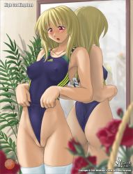 Rule 34 | 1girl, 2002, adidas, ass, blonde hair, blush, breasts, cameltoe, cleft of venus, collarbone, competition swimsuit, covered erect nipples, dripping, female focus, flower, frontal wedgie, high cut kingdom, indoors, mirror, nipples, nyanko batake, one-piece swimsuit, plant, pussy juice, red eyes, self wedgie, solo, standing, swimsuit, thighhighs, uncensored, wedgie, white thighhighs