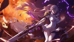 Rule 34 | 1girl, armor, blue eyes, braid, breasts, cleavage, covered erect nipples, detached sleeves, dress, floating hair, french braid, gun, high ponytail, holding, holding gun, holding weapon, large breasts, long hair, long sleeves, mitsu (mitsu art), navel, open mouth, panties, pantyhose, pink hair, rifle, shionne (tales), shoulder armor, sleeveless, sleeveless dress, solo, tales of (series), tales of arise, thigh gap, thighhighs, underwear, very long hair, waist cape, weapon, white dress, white panties, white sleeves, white thighhighs