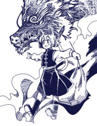 Rule 34 | 1girl, anarogumaaa, animal ears, bad id, bad pixiv id, cat ears, cat tail, chen, dragon, hat, holding, long sleeves, mob cap, monochrome, multiple tails, open mouth, outstretched arms, purple theme, shoes, short hair, skirt, skirt set, socks, tail, touhou, two tails