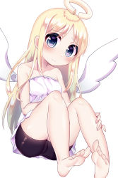 Rule 34 | 1other, absurdres, angel, angel wings, bare shoulders, bike shorts, black shorts, blonde hair, blue eyes, broken halo, chiitamu, closed mouth, crimvael, dress, halo, highres, ishuzoku reviewers, long hair, shorts, simple background, sitting, solo, strapless, strapless dress, white background, white dress, wings