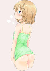 Rule 34 | 10s, 1girl, ass, bad id, bad pixiv id, bare shoulders, blonde hair, blue eyes, blush, bottomless, closed mouth, commentary request, cropped legs, from behind, girls und panzer, green shirt, grey background, highres, itou ayachi, katyusha (girls und panzer), looking at viewer, shirt, simple background, solo, spaghetti strap, standing, sweat