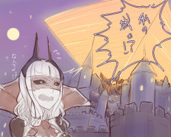 Rule 34 | 1girl, ascot, breasts, carmilla (fate), castle, curly hair, fate/grand order, fate (series), grey hair, horns, long hair, mask, moon, night, open mouth, pyramid (structure)