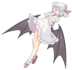 Rule 34 | 1girl, arnest, ascot, bat wings, blue hair, blush, bow, brooch, finger to mouth, footwear bow, frilled skirt, frills, full body, hat, hat bow, highres, jewelry, looking at viewer, mob cap, pink ascot, pink bow, pink footwear, red eyes, remilia scarlet, shirt, shoes, short hair, short sleeves, simple background, skirt, smile, socks, solo, touhou, white background, white hat, white shirt, white skirt, white socks, wings, wrist cuffs