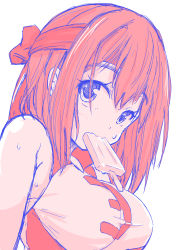 Rule 34 | 1girl, absurdres, breasts, brown eyes, brown hair, commentary, food, food in mouth, girls und panzer, headband, highres, kondou taeko, limited palette, looking at viewer, medium breasts, medium hair, mouth hold, popsicle, red headband, red shirt, shiiba aki, shirt, sketch, sleeveless, sleeveless shirt, solo, sportswear, sweatdrop, volleyball uniform