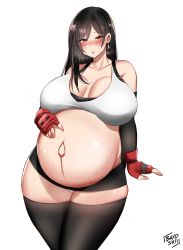 Rule 34 | 1girl, :o, absurdres, artist name, bayoshii, big belly, black hair, black skirt, black thighhighs, blush, bra, breasts, cleavage, collarbone, cowboy shot, crop top, curvy, earrings, elbow gloves, final fantasy, final fantasy vii, fingerless gloves, gloves, highres, huge breasts, jewelry, long hair, looking at viewer, microskirt, outie navel, panties, pantyshot, parted lips, pregnant, red eyes, shiny skin, sidelocks, signature, skindentation, skirt, solo, square enix, standing, sweat, tank top, thick thighs, thighhighs, thighs, tifa lockhart, underwear, very long hair, white background, wide hips