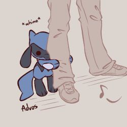 Rule 34 | 1boy, advos, artist name, brown background, chibi, creatures (company), game freak, gen 4 pokemon, hugging another&#039;s leg, musical note, nintendo, pants, pokemon, pokemon (creature), riolu, shoes, simple background, sound effects, spoken musical note, tail