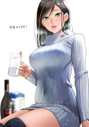 Rule 34 | 1girl, black hair, blush, breasts, breath, commentary request, covered navel, cup, dress, green eyes, hayakawa pao, holding, holding cup, lips, long hair, looking at viewer, madoromi barmaid, medium breasts, mug, original, parted lips, pink lips, ribbed sweater, simple background, sitting, solo, sweater, sweater dress, thighhighs, tsukigawa yuki, turtleneck, turtleneck sweater, white background