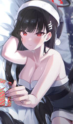 Rule 34 | 1girl, absurdres, bed sheet, black dress, black hair, black hat, blue archive, blush, box, breasts, christmas, cleavage, closed mouth, collarbone, cowboy shot, dress, fingernails, gift, gift box, hair ornament, hairpin, halo, hat, highres, large breasts, long hair, looking at viewer, lying, momomoi momoi, nail polish, on side, pom pom (clothes), red eyes, rio (blue archive), santa hat, solo