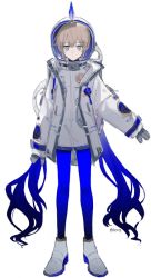 Rule 34 | 1boy, alternate costume, aqua eyes, blue hair, blue pantyhose, captain nemo (fate), closed mouth, fate/grand order, fate (series), feathers, full body, gloves, gradient hair, grey gloves, helmet, highres, jacket, light brown hair, long hair, long sleeves, looking at viewer, low twintails, male focus, multicolored hair, nemo (fate), pantyhose, sherry 0014, shoes, simple background, solo, space helmet, standing, trap, twintails, twitter username, very long hair, white background, white footwear