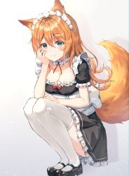 Rule 34 | 1girl, absurdres, animal ears, aqua eyes, ass, blush, breasts, cleavage, closed mouth, fang, fox, fox ears, hair between eyes, highres, huge filesize, large breasts, long hair, looking at viewer, maid, maid headdress, mary janes, orange hair, original, sarika, shoes, sidelocks, simple background, solo, squatting, tail, thighhighs, white background, white thighhighs