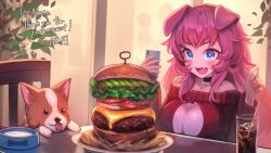 Rule 34 | 1girl, animal ears, bare shoulders, blue eyes, blush, bowl, breasts, burger, cellphone, cleavage, colored skin, commission, cup, dog, dog ears, dog girl, drinking glass, fang, food, hakusyokuto, heart, heart-shaped pupils, highres, large breasts, long hair, long sleeves, off-shoulder sweater, off shoulder, open mouth, original, pet bowl, phone, pink hair, pink skin, red sweater, skeb commission, smartphone, smile, solo, sweater, symbol-shaped pupils