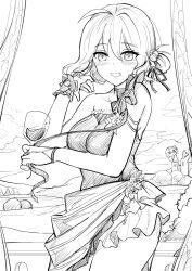 Rule 34 | 1girl, ahoge, anis (nikke), blush, breasts, brown hair, doro (nikke), dress, goddess of victory: nikke, greyscale, grin, holding, large breasts, looking at viewer, monochrome, short hair, smile, yougenko