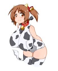 Rule 34 | 1girl, animal ears, animal print, bell, breasts, brown eyes, brown hair, collar, cow ears, cow girl, cow print, cow tail, female focus, hair ornament, happy, horns, horuta suin, huge breasts, kaz (shade), leaning forward, looking at viewer, one-piece swimsuit, short hair, short twintails, simple background, smile, solo, standing, swimsuit, tail, thighhighs, twintails, white background