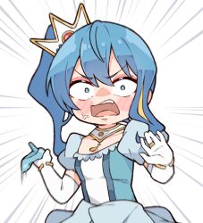 Rule 34 | 1girl, anger vein, angry, blue eyes, blue footwear, blue hair, blush, breasts, chibi, collarbone, elbow gloves, frills, gloves, hair between eyes, high heels, highres, hololive, hoshimachi suisei, kukie-nyan, looking at viewer, open mouth, puffy short sleeves, puffy sleeves, short sleeves, side ponytail, small breasts, solo, virtual youtuber, white gloves