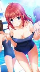 Rule 34 | 3girls, antenna hair, blue one-piece swimsuit, breasts, cleavage, closed mouth, clothes pull, doukyuusei another world, game cg, kakyuusei, large breasts, leaning forward, long hair, looking at viewer, multiple girls, official art, one-piece swimsuit, one-piece swimsuit pull, purple eyes, red hair, school swimsuit, smile, solo focus, swimsuit, tachibana mayumi, thigh gap