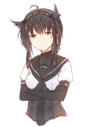 Rule 34 | 1girl, black hair, bodysuit, breasts, closed mouth, crossed arms, green eyes, hair between eyes, hatsuzuki (kancolle), head tilt, headband, kantai collection, looking at viewer, medium breasts, satsumi, short hair, simple background, twintails, uniform, upper body, white background