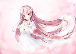 Rule 34 | 1girl, absurdres, blush, collarbone, cowboy shot, cucchiore, dress, flower, gem, gradient background, hair flower, hair ornament, hands on own chest, highres, jewelry, kukkioure, long hair, looking at viewer, necklace, original, pink background, pink eyes, pink hair, purple gemstone, short sleeves, smile, solo, very long hair, white dress, wind, wind lift