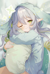 Rule 34 | 1girl, ;), absurdres, alternate costume, alternate hairstyle, bed sheet, camunekoz, commentary request, genshin impact, gradient hair, green eyes, hair between eyes, hair down, highres, hugging object, long hair, long sleeves, looking at viewer, lying, multicolored hair, nahida (genshin impact), on side, one eye closed, pajamas, pillow, pillow hug, pointy ears, sidelocks, smile, solo, streaked hair, symbol-shaped pupils, two-tone hair, white hair