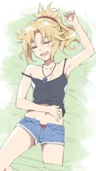 Rule 34 | 1girl, :d, arm up, armpits, blonde hair, breasts, camisole, cowboy shot, cutoffs, denim, denim shorts, closed eyes, fang, fate/apocrypha, fate (series), highres, jewelry, midriff, mordred (fate), mordred (fate/apocrypha), navel, necklace, open fly, open mouth, open pants, panties, pants, ponytail, red panties, short shorts, shorts, sleeping, small breasts, smile, solo, strap slip, tonee, underwear