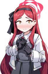 Rule 34 | 1girl, black gloves, blue archive, blush, clenched hands, gloves, hairband, halo, long hair, parted bangs, red hair, shimuro (mentsukidou), simple background, solo, sweatdrop, takane (blue archive), white background, yellow eyes