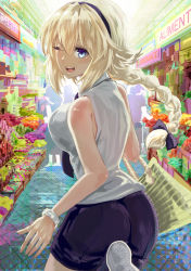 Rule 34 | 1girl, bare shoulders, blonde hair, blue bow, blue eyes, blue shorts, bow, bracelet, braid, breasts, collared shirt, commentary request, fate/grand order, fate (series), hair between eyes, jeanne d&#039;arc (fate), jeanne d&#039;arc (ruler) (fate), jewelry, large breasts, long hair, looking at viewer, looking back, necktie, one eye closed, open mouth, shirt, shorts, single braid, sleeveless, sleeveless shirt, smile, solo, storefront, thighs, uenoryoma, white shirt