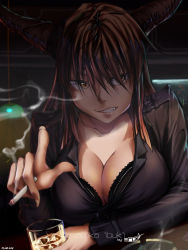 Rule 34 | 10s, 1girl, 2016, alternate breast size, alternate costume, black bra, black jacket, bra, breasts, brown eyes, brown hair, ceiling light, character name, cigarette, cleavage, clenched teeth, close-up, collarbone, dated, eru-sennin, fang, fingernails, highres, holding, holding cigarette, horns, ibuki suika, ice, ice cube, jacket, large breasts, long fingernails, long hair, long sleeves, looking to the side, aged up, oni, parted lips, pink lips, smoke, solo, teeth, touhou, underwear, upper body