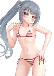 Rule 34 | 1girl, absurdres, alternate costume, bikini, breasts, brown eyes, grey hair, highres, kantai collection, kasumi (kancolle), long hair, looking at viewer, makura (y makura), navel, red bikini, side-tie bikini bottom, side ponytail, simple background, small breasts, solo, striped bikini, striped clothes, swimsuit, variant set, white background