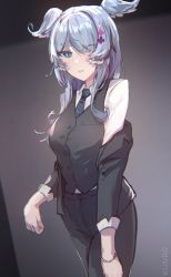 Rule 34 | 1girl, absurdres, alternate costume, black background, black jacket, black pants, black vest, blue eyes, blue hair, bracelet, collared shirt, commentary, elira pendora, english commentary, hair over one eye, head wings, highres, jacket, jewelry, kuivrr, looking at viewer, nijisanji, nijisanji en, off shoulder, pants, parted lips, shirt, smile, solo, vest, virtual youtuber, white shirt, wings