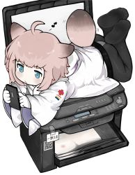 Rule 34 | absurdres, ahoge, animal ears, aqua eyes, arknights, ass, black pantyhose, breasts, chinese commentary, commentary request, expressionless, feet together, feet up, fox ears, fox girl, fox tail, full body, gloves, highres, lab coat, long sleeves, looking at phone, medium hair, menthako, musical note, nipples, no shoes, panties, panties under pantyhose, pantyhose, petite, phone, photocopier, photocopying self, platinum blonde hair, simple background, small breasts, soles, solo, sussurro (arknights), tail, tail wagging, underwear, whistling, white background