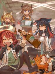 Rule 34 | 1boy, 4girls, alcohol, animal ear fluff, animal ears, apron, arknights, beer can, bison (arknights), black capelet, black hair, black pantyhose, black shorts, blonde hair, bottle, brown hair, can, capelet, cow boy, cow ears, croissant (arknights), drink can, drunk, exusiai (arknights), fang, fur trim, gloves, green shirt, halo, highres, holding, holding bottle, holding cooking pot, hoshiguma (arknights), indoors, jacket, multicolored hair, multiple girls, mutomorokoshi, name tag, necktie, open clothes, open jacket, orange apron, orange hair, pantyhose, pantyhose under shorts, party, penguin logistics (arknights), red hair, red necktie, shirt, short hair, shorts, skirt, sleeves rolled up, sora (arknights), texas (arknights), twintails, white jacket, wolf ears, wolf girl, worried, yellow halo