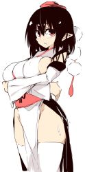 Rule 34 | 1girl, black hair, breast hold, breasts, crossed arms, detached sleeves, hat, kamukamu (ars), large breasts, pelvic curtain, pointy ears, pom pom (clothes), red eyes, sash, shameimaru aya, sidelocks, simple background, sketch, solo, standing, sweat, thighhighs, tokin hat, touhou, white background, white thighhighs