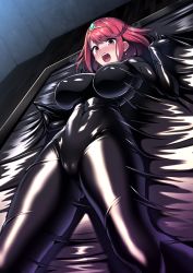 Rule 34 | 1girl, bdsm, breasts, cameltoe, commission, covered erect nipples, covered navel, earrings, foreshortening, indoors, jewelry, koikawa minoru, large breasts, latex, lying, on back, open mouth, pyra (xenoblade), red eyes, red hair, restrained, short hair, skeb commission, solo, stationary restraints, tiara, vacuum bed, xenoblade chronicles (series), xenoblade chronicles 2