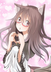 Rule 34 | 1girl, animal ears, bad id, bad pixiv id, bespectacled, blush, brooch, brown hair, dress, frilled sleeves, frills, glasses, gradient background, heart, heart background, heart hands, imaizumi kagerou, jewelry, long hair, long sleeves, looking at viewer, open mouth, pink background, red-framed eyewear, red eyes, semi-rimless eyewear, shawl, shuga (soranote), solo, tail, touhou, under-rim eyewear, wolf ears, wolf tail