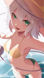 Rule 34 | 25omega25, arm behind head, bikini, breasts, green bikini, green eyes, grey hair, hat, highres, komeiji koishi, looking at viewer, medium hair, mismatched bikini, small breasts, smile, standing, sun hat, swimsuit, third eye, touhou, water, yellow bikini