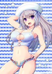 Rule 34 | 1girl, :d, belt, blue background, blue shorts, bow, breasts, bursting breasts, character request, cilfy, cleavage cutout, clothing cutout, copyright request, cowboy shot, grey hair, hand on own hip, hat, hat bow, large breasts, long hair, looking at viewer, micro shorts, navel, no panties, open mouth, purple eyes, shiny skin, shorts, smile, solo, star (symbol), striped, striped background, white hat