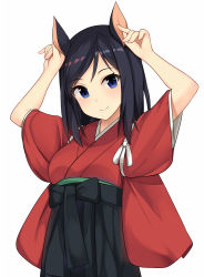 Rule 34 | 1girl, animal ears, black hair, blue eyes, breasts, hiiragi hazime, japanese clothes, kimono, looking at viewer, simple background, smile, solo, summer wars, white background