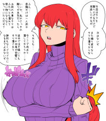 Rule 34 | 1girl, biriri (spacezin), breast hold, breasts, clenched hand, covered erect nipples, creatures (company), game freak, gen 1 pokemon, huge breasts, japanese text, large breasts, long hair, nintendo, personification, pokemon, red hair, ribbed sweater, sidelocks, slit pupils, solo, spacezin, speech bubble, sweater, translation request, tsurime, turtleneck, upper body, voltorb, yellow eyes