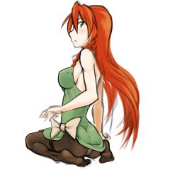 Rule 34 | 1girl, alternate costume, arm support, bare shoulders, black pantyhose, braid, breasts, dress, faux traditional media, green dress, green eyes, hair ribbon, highres, hong meiling, kagehito, kneeling, long dress, long hair, looking back, panties, panties under pantyhose, pantyhose, red hair, ribbon, side slit, sideboob, solo, touhou, tress ribbon, underwear