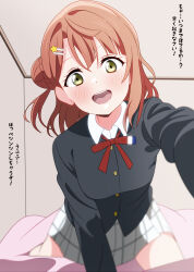 1girl :d absurdres black_jacket blunt_bangs blush bun_with_braided_base collared_shirt commentary dress_shirt grey_skirt hair_bun hair_ornament hairclip half_updo highres jacket kneeling long_sleeves looking_at_viewer love_live! love_live!_nijigasaki_high_school_idol_club medium_hair miniskirt neck_ribbon nijigasaki_school_uniform on_bed open_mouth orange_hair plaid_clothes plaid_skirt pleated_skirt red_ribbon ribbon school_uniform shinonome_sakura shirt single_side_bun skirt smile solo swept_bangs teeth translation_request uehara_ayumu upper_teeth_only waking_another white_shirt winter_uniform yellow_eyes